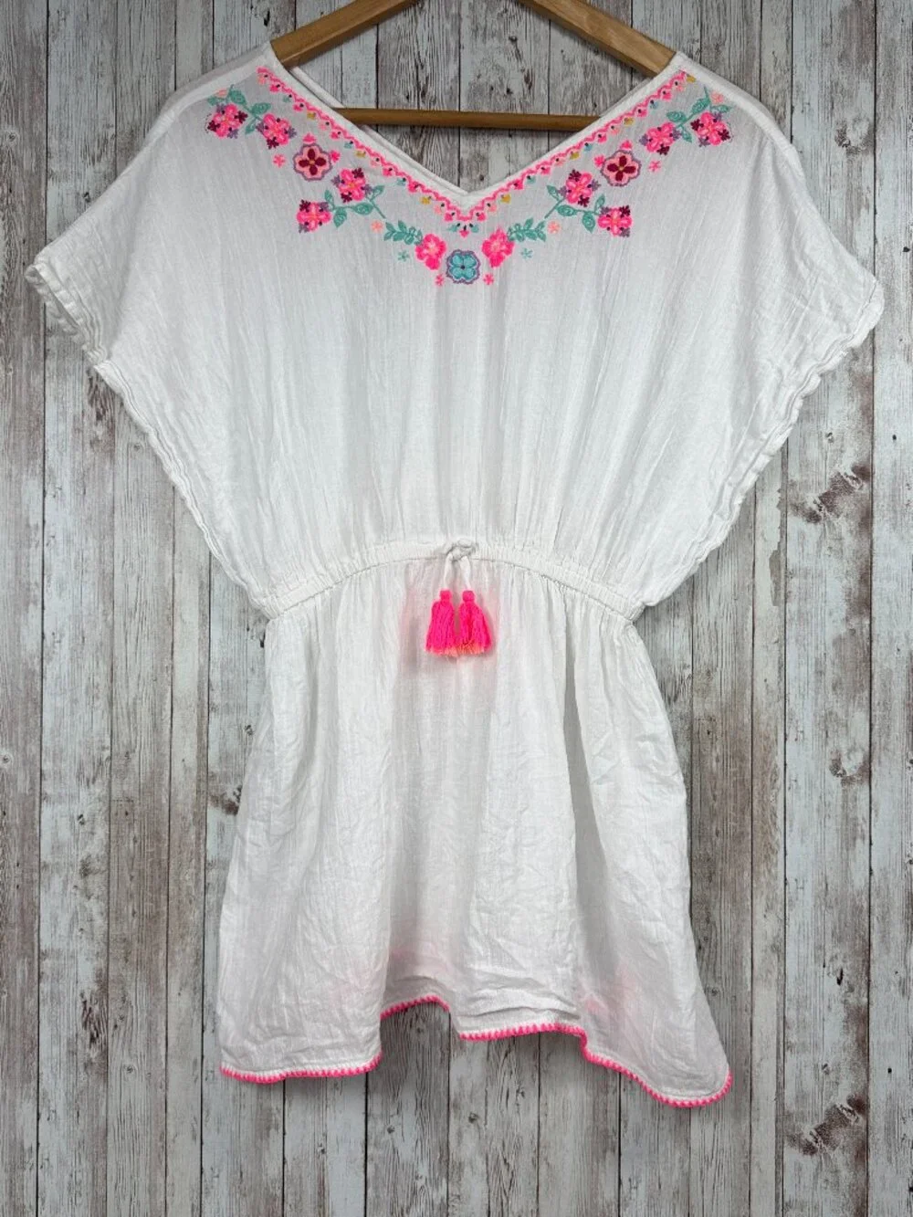 Angels Accessorize Girls Kaftan sz 11-12  Cotton White Embroidered Floral Print